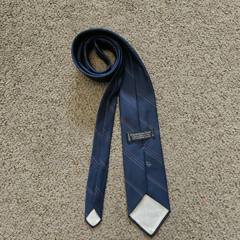 Christian Dior Mens Navy Blue Striped  Necktie Made in USA Logo Tie